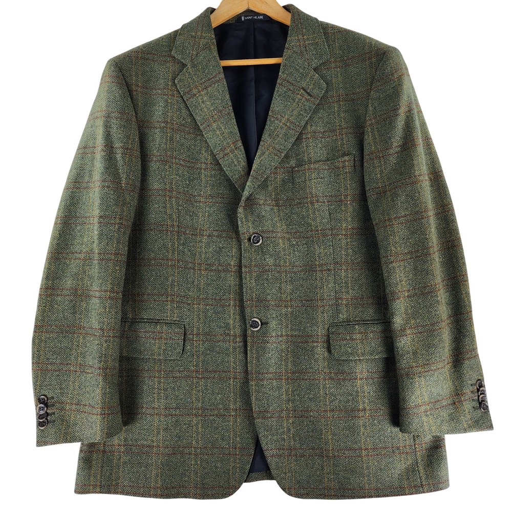 Bruno Saint Hilaire Blazer Mens 42R Wool Green Plaid Herringbone Made France